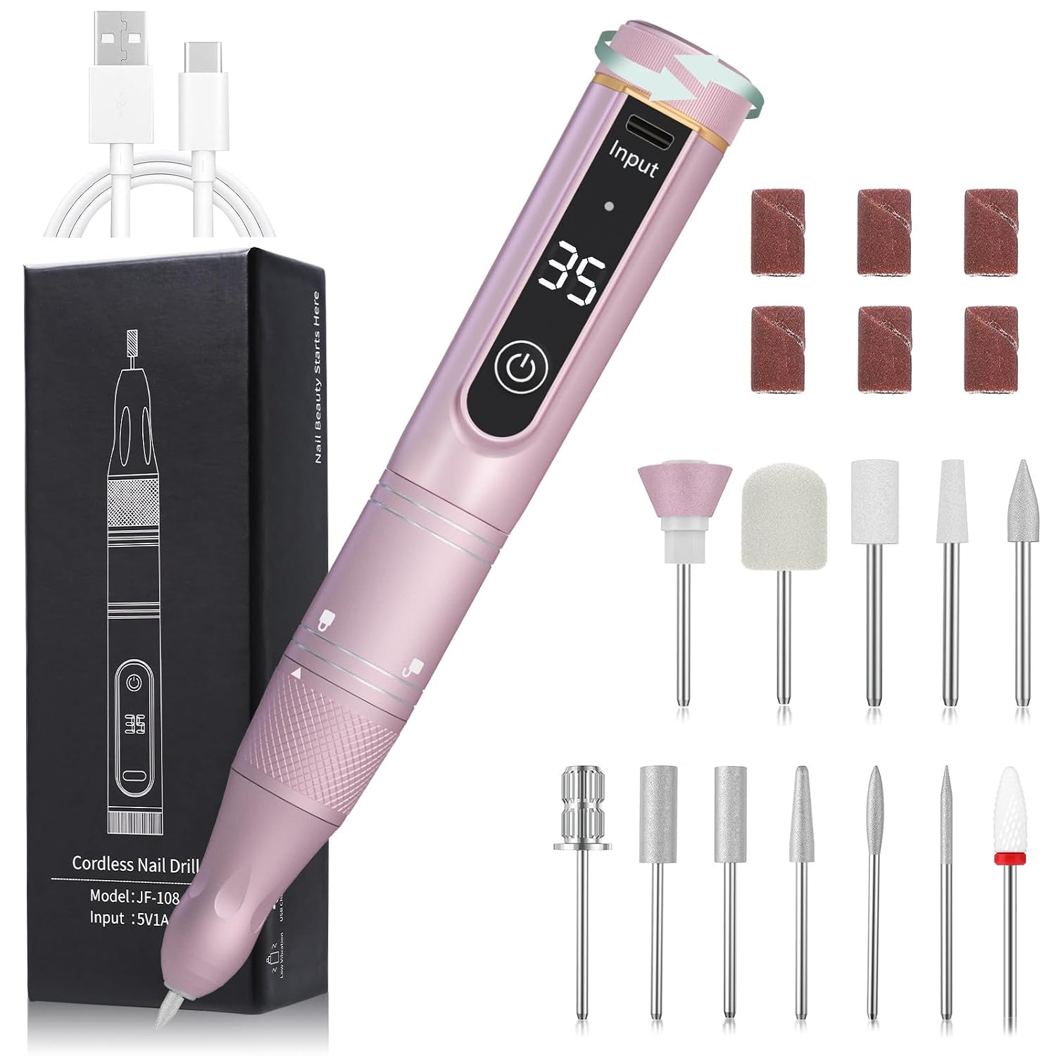 Cordless 35000 RPM Nail Drill — Portable LCD Efile